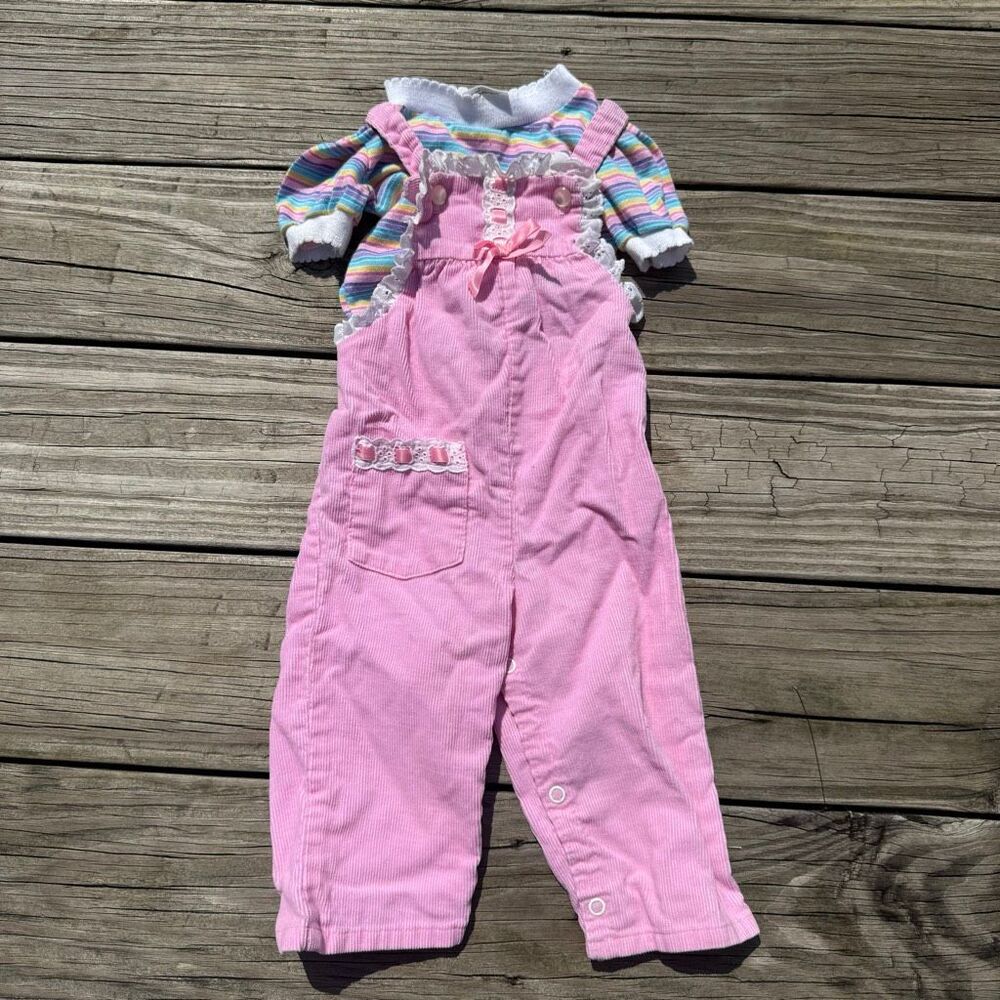 Vintage Health-Tex Baby Girl 12 Months Pink Corduroy Overalls Striped Top Outfit